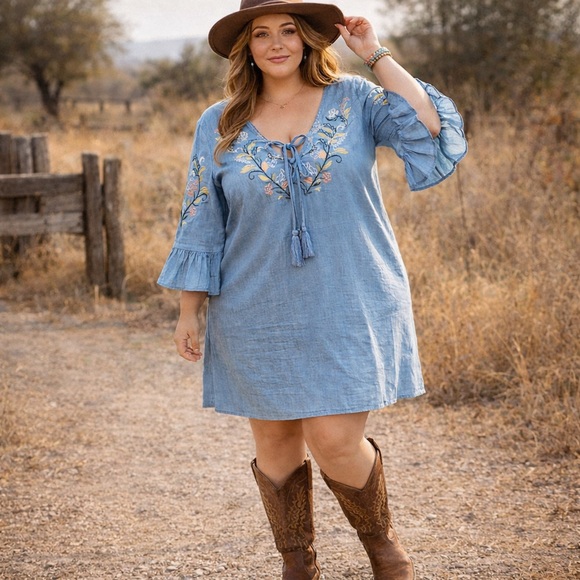 Flying Tomato Dresses & Skirts - Flying Tomato Plus Size 1X Embroidered Boho Chambray Dress Lace Up Tassel